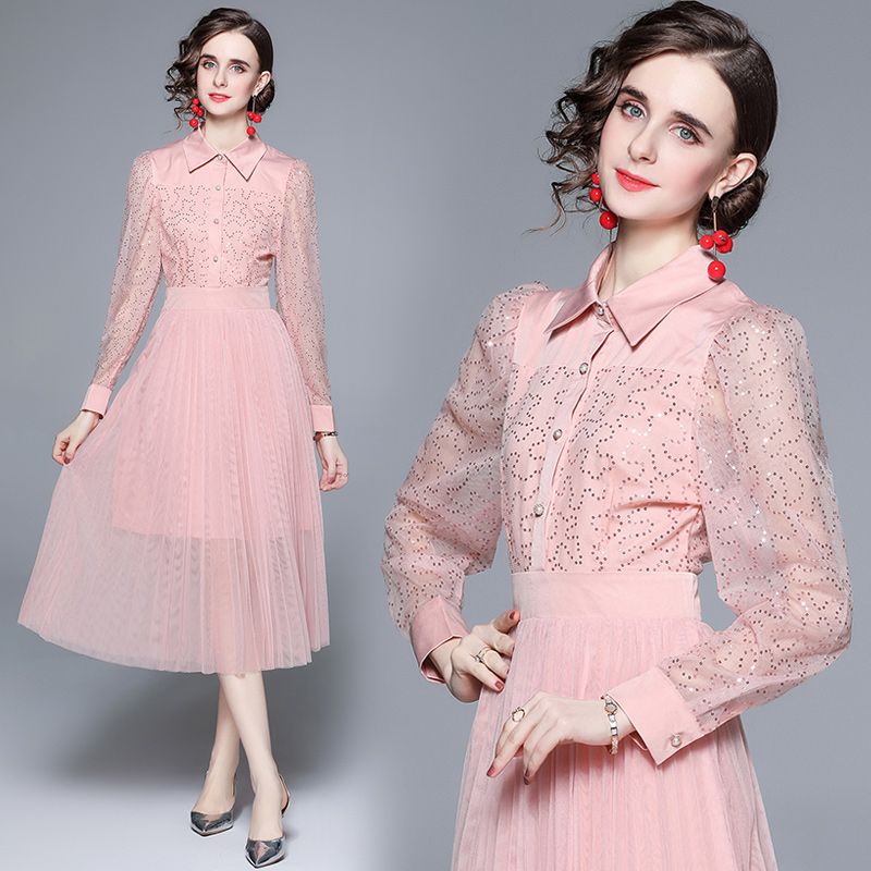 Gauze long sleeve lady autumn long lace sweet splice dress