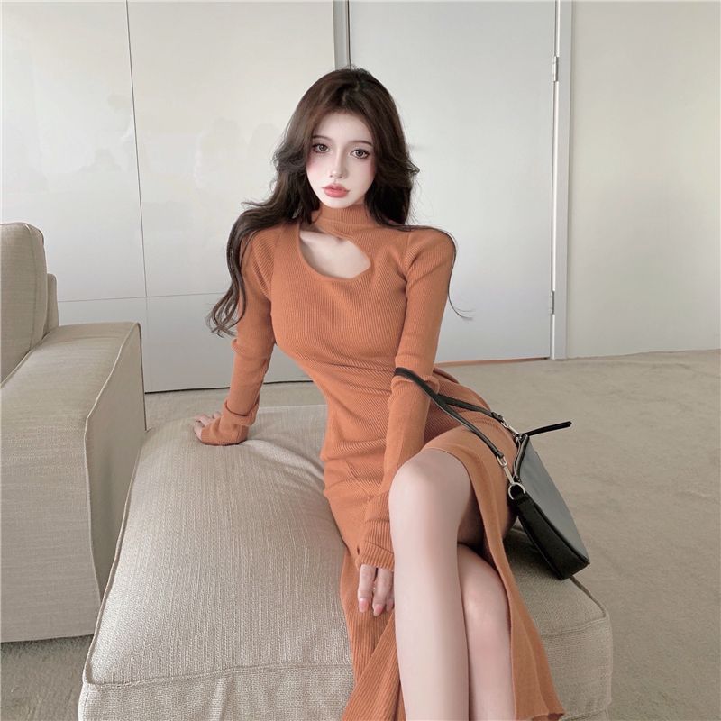 Slim long sleeve clavicle knitwear retro dress