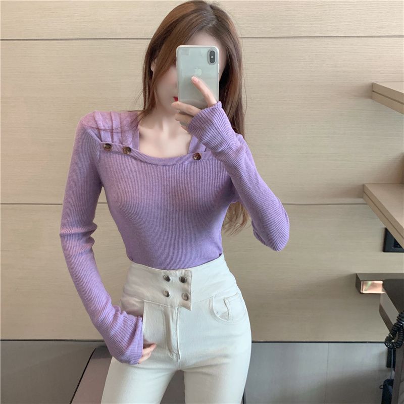 Autumn inside the ride square collar sweater slim fold tops