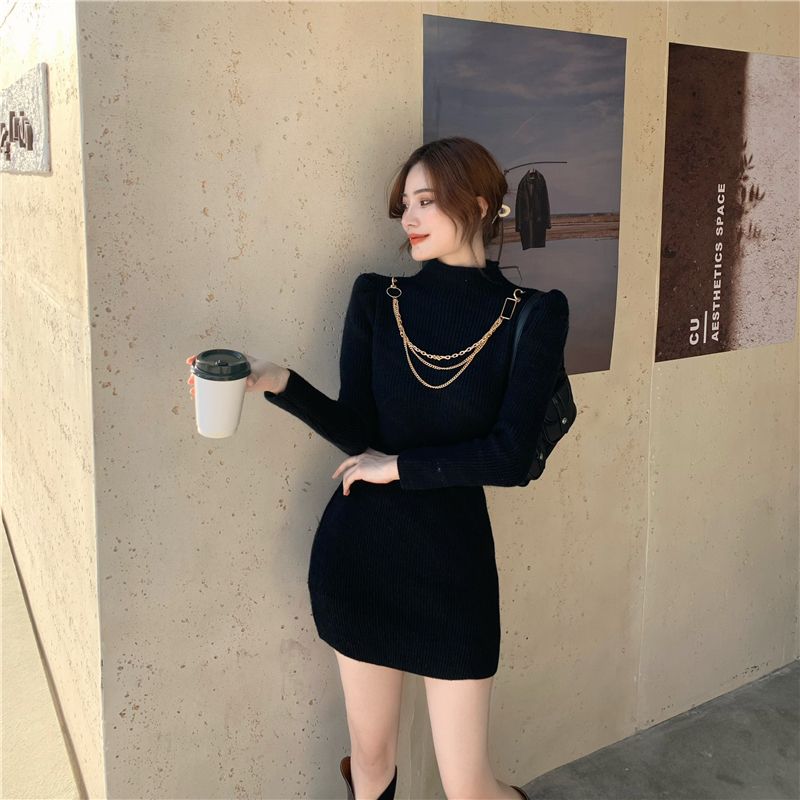 Slim princess sleeves woolen yarn chain decoration dress