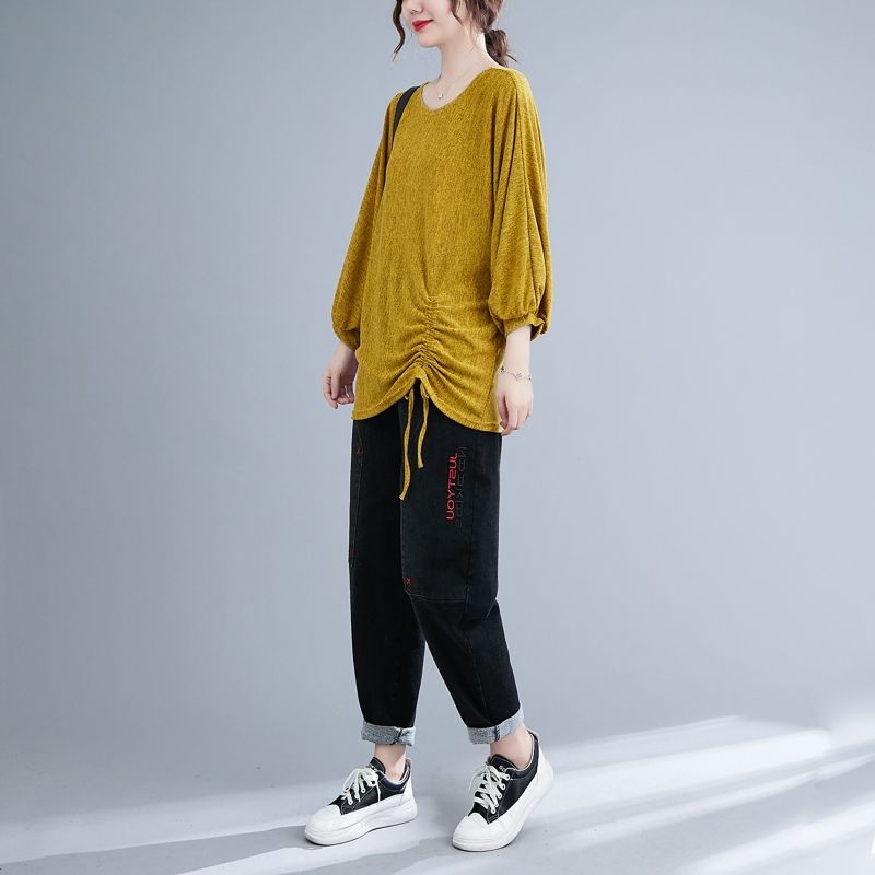 Loose all-match large yard drawstring bat sleeve tops