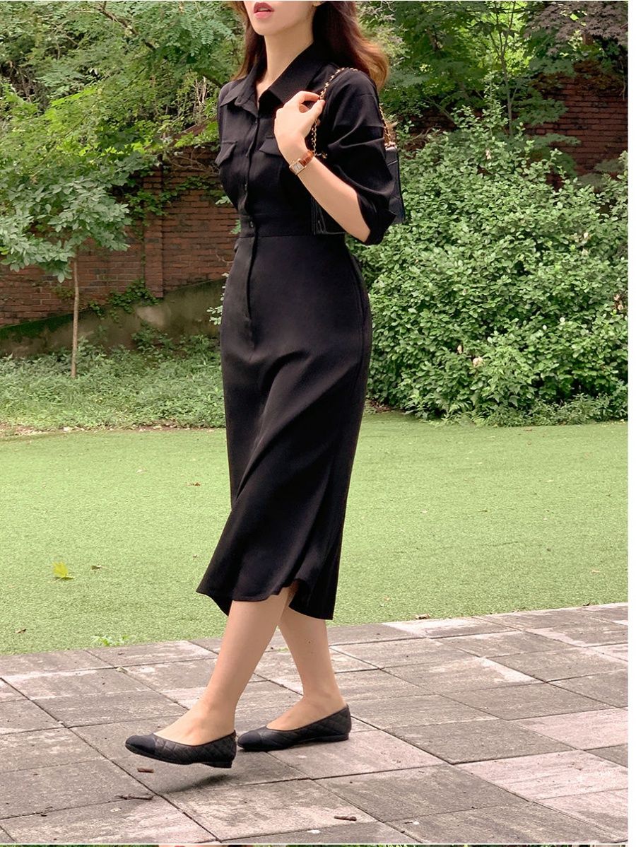 Korean style pinched waist slim pure temperament elegant dress